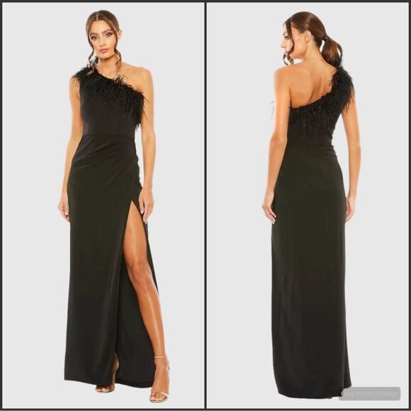 MAC DUGGAL  68456 Black One Shoulder Feather Trim Gown Dress - Picture 1 of 12